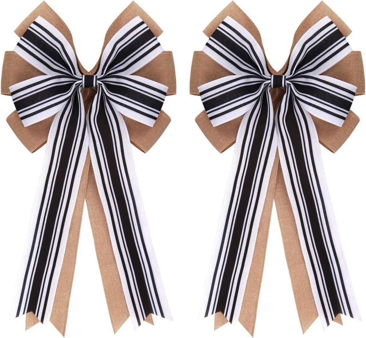 2PCS Large Double Burlap Bows – 20x10in Black & White Striped Wreath & Home Decor